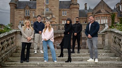 Left to right: Evie, Harry, Mollie, Claudia, Jaz and Andrew stand on the steps in the garden of the castle