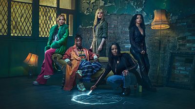 (L-R); Jules (MOLLY HARRIS); Sammie (BABIRYE BUKILWA); Geri (POPPY LEE FRIAR); Kat (ALISHA BAILEY) and Domino Day (SIENA KELLY) in Domino Day (Photo credit: Credit: ÃÛÑ¿´«Ã½/Dancing Ledge/Todd Antony)