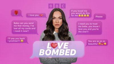 Image of Vicky Pattison with Love Bombed in text. The o in love is a heart. the background is text messages with loving messages or pleading messages