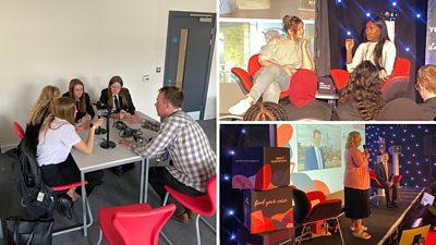 A collage showing teens in a workshop on audio recording (left) and speakers on stage (right)