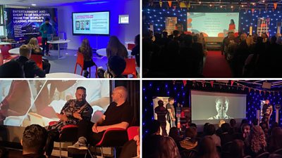 A collage showing four images of speakers in front of a young crowd