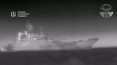 Russian landing ship as seen from sea drone