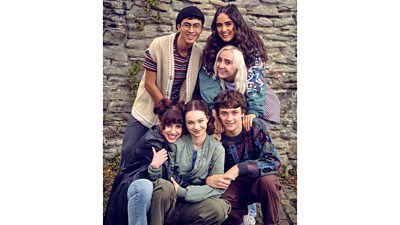 Author Holly Jackson and cast members Raiko Gohara, Asha Banks, Yali Topol Margolith, Emma Myers and Jude Collie