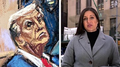Sketch of Former US President Donald Trump in a NY Court and BBC journalist Nada Tawfik