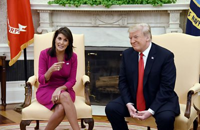 Former US President Donald Trump meets with US Ambassador to the UN Nikki Haley on 9 October 2018