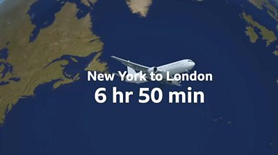 BBC Weather graphics showing a New York to London flight time of 6 hr 50 min