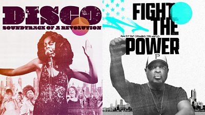 Composite image showing posters for Disco: Soundtrack of a Revolution and Fight The Power: How Hip-Hop Changed The World.