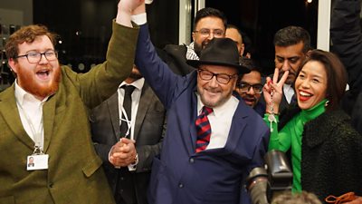 George Galloway at his Rochdale Headquarters after being declared winner of the Rochdale by-election