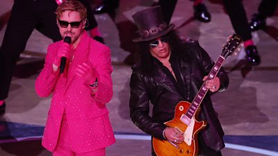 Ryan Gosling and Slash on stage at Oscars
