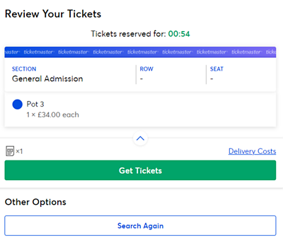 Screenshot of Review Your Tickets screen