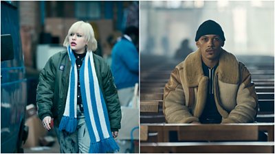 Two images from This Town featuring Jeannie Keefe (Eve Austin) walking down a street, and Gregory Williams (Jordan Bolger) sat on a bench in a large building. 