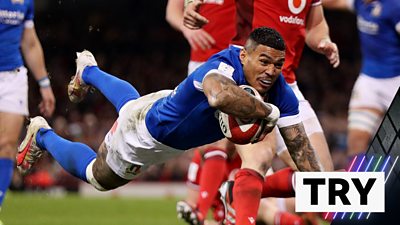 Italy's Monty Ioane scores a try against Wales in the Six Nations 2024 final weekend.