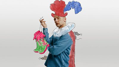 Simon Pegg with Quentin Blake style illustrations including a hat with a feather, a cape, holding pink and green boots and a mouse on his back and to his front