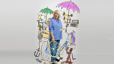 Image of Alison Steadman with Quentin Blake animations including an umbrella with horns, a bike with a dog on the back and broken wheels, an anchor, little hedgehogs