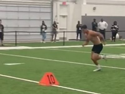 Louis Rees-Zammit runs during the NFL Pro Day