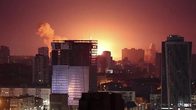 Burning debris falling from the sky in Kyiv, Ukraine
