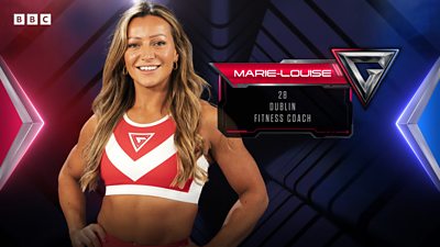 Marie-Louise miles to camera next to a red graphic reading: “Marie-Louise, 28 - Dublin, Fitness Coach” 