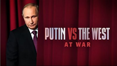 Programme title over an image of Putin partially hidden behind a red curtain