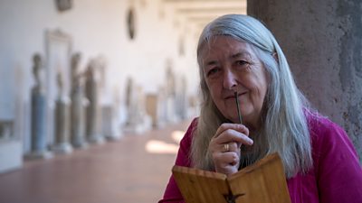 Mary Beard with imperial era stylus at Baths of Diocletian, Rome