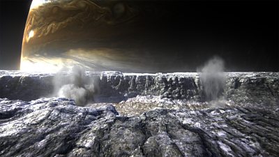 The icy surface of a planet with another planet rising in the background