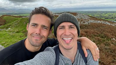 Spencer Matthews and Tom Rosenthal pose for a selfie during filming for Pilgrimage: The Road Through North Wales. 