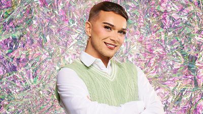 Contestant Conor with a green and pink diamond effect background
