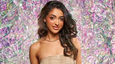 Contestant Reem with a green and pink diamond effect background