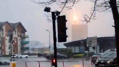 Lightning hitting a hotel