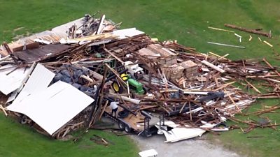 Destroyed structure after a tornado hit Henry County, Kentucky