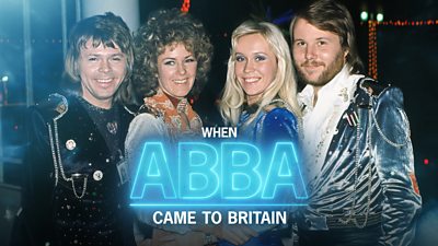The four members of ABBA stand smiling. When ABBA Came to Britain is written in bright bold letters.