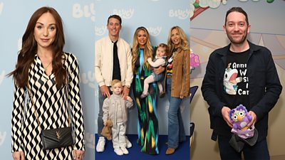 Helen George, Bianca Gascoigne and family and Jon Richardson pictured on the blue carpet at the London screening of Bluey special episode The Sign. 