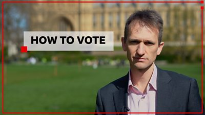BBC reporter wearing a suit standing outside Houses of Parliament. Text readsHOW TO VOTE