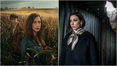 Left image for end of summer showing two people standing in field looking concerned right image for jana marked for life showing woman looking to the left with hole in steel shed in background