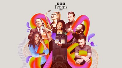 Key art for BBC Proms 2024, featuring artists, a TARDIS and colourful graphics. 