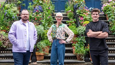  Banjo Beale, Anna Campbell Jones and Danny Campbell in front of steps covered in potted plants