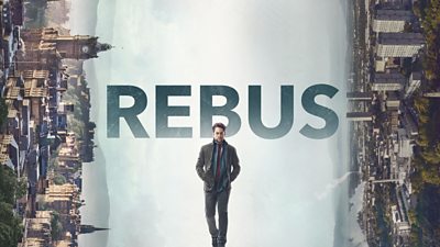 Key art for Rebus, featuring a photo of John Rebus walking towards the camera in front of the title of the show. Landscape shots of Edinburgh have been twisted by 90 degrees to flank the character on the left and right of the image.