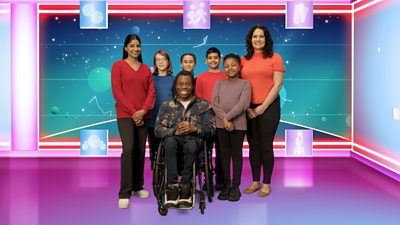 Shini Muthukrishnan, Ade Adepitan and Dr Radha Modgil and four children with a background of space