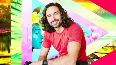 composite image of Joe wicks with a background of tranquil images including a lake, flowers, leaves but in vibrant colours
