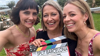 Annabel Scholey, Nicola Walker and Fiona Button smiling to camera. Nicola holds a clapperboard for The Split - Barcelona. 