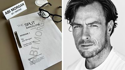 Composite image of a script for The Split alongside a headshot of Toby Stephens. 