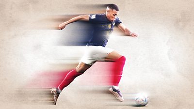 Image of Mbappe running after a football during a match, a slight blur emphasises how quickly he was moving.