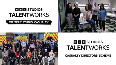 Images of participants in The Writers’ Studio: Casualty and The Casualty Directors’ Scheme 2024 schemes alongside logos of for both schemes. 