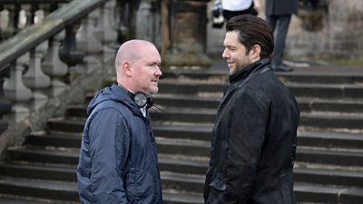 Gregory Burke and Richard Rankin on the set of Rebus