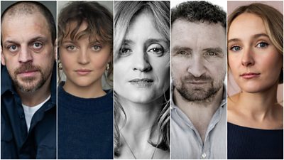 Composite image featuring headshots for Matthew Gurney, Lara Peake, Anne-Marie Duff, Eddie Marsan and Rose Ayling-Ellis.