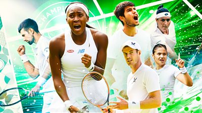 composite image showing action shots of different tennis players with Wimbledon logo in the background. green splatter effects to show impact of a tennis ball
