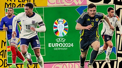 Men's Euro 2024 graphic featuring four players for different teams in front of the UEFA Euro 2024 Germany logo