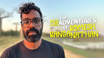 Romesh Ranganathan looking to camera with The Misadventures of Romesh Ranganathan in text beside him