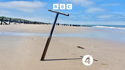 Metal and wooden items protrude from the sand on a beach