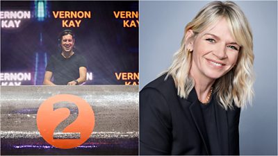 left image of Vernon Kay wearing a black t-shirt playing a DJ set with a big 2 on the front and vernon kay written multiple times in background.  Right headshot of Zoe Ball smiling wearing all black