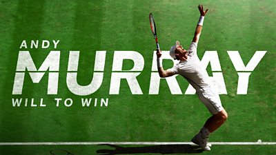 composite image of an action shot of andy murray serving. andy murray will to win in bold white text. green grass background